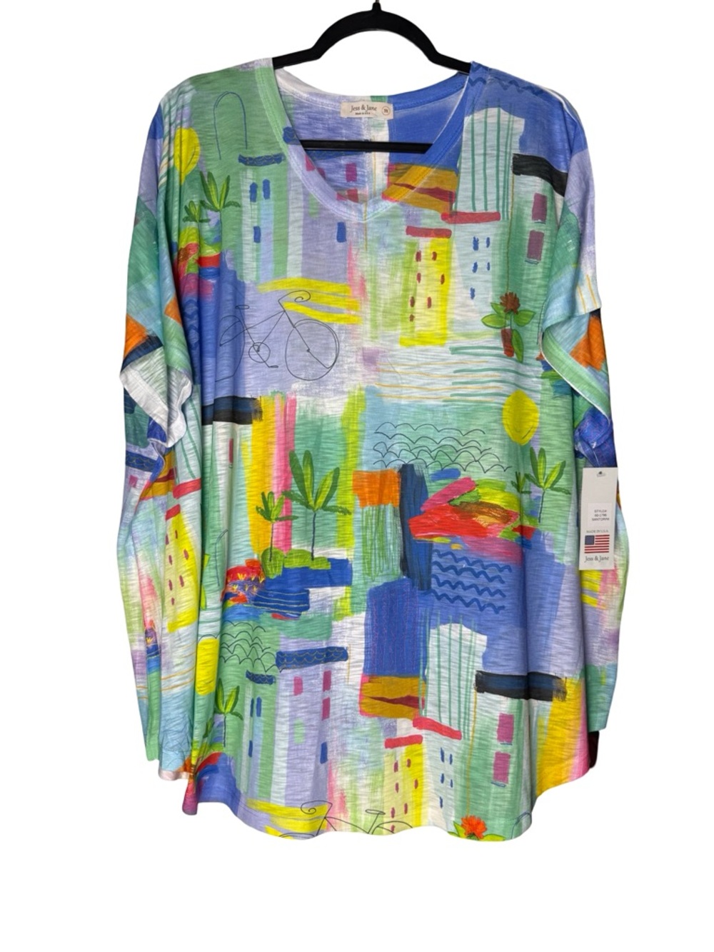 Jess & Jane Size 3X Santorini Top Art Print Colorful V Neck USA Stretch NWT